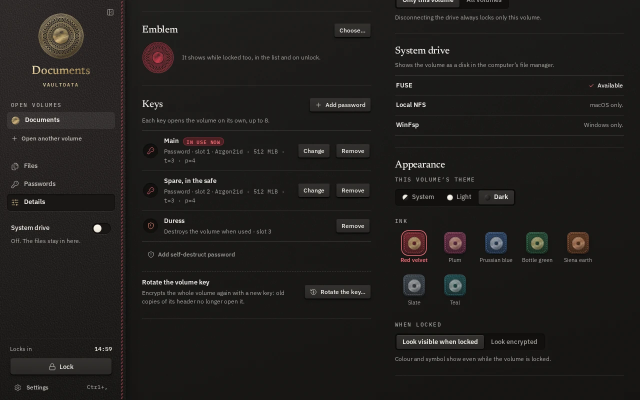 Volume details: the list of keys, the duress password and the appearance options.