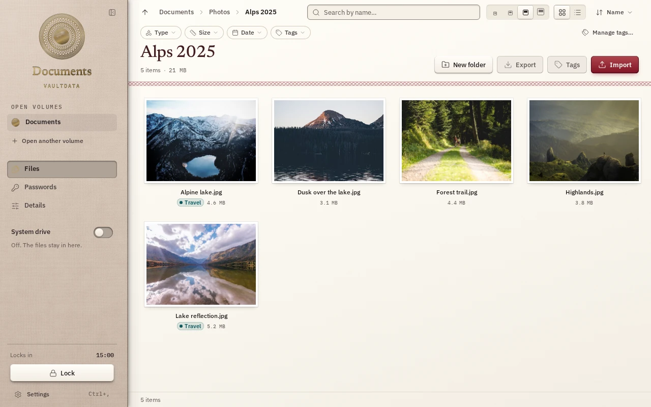 The file browser in grid view, showing photographs with names, sizes and tags.