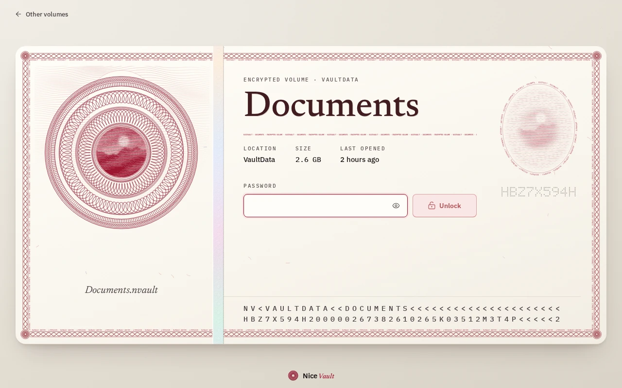 The unlock screen of a volume called Documents, with a password field.