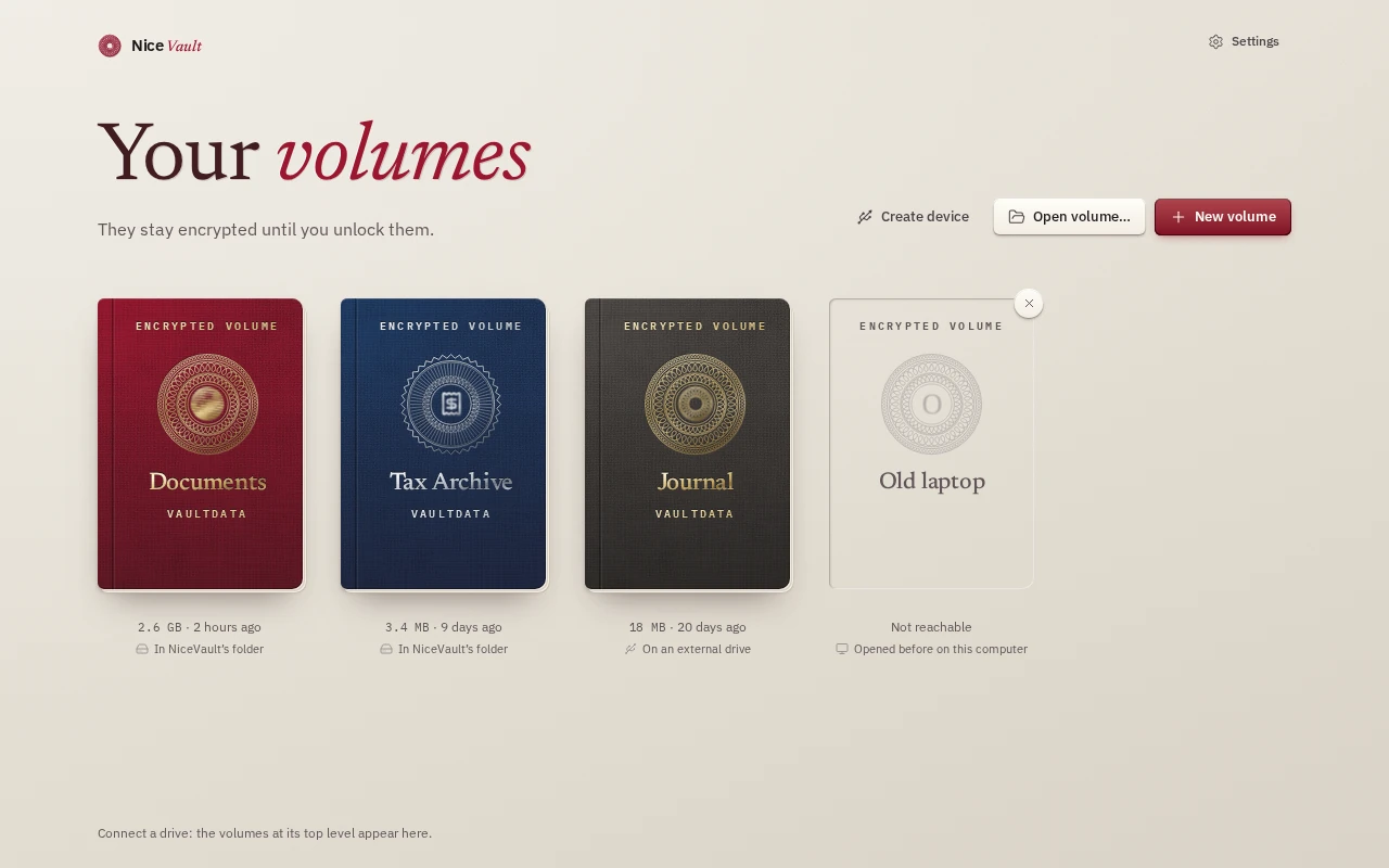 The shelf of recent volumes. Each volume is a passport with its own colour and emblem.